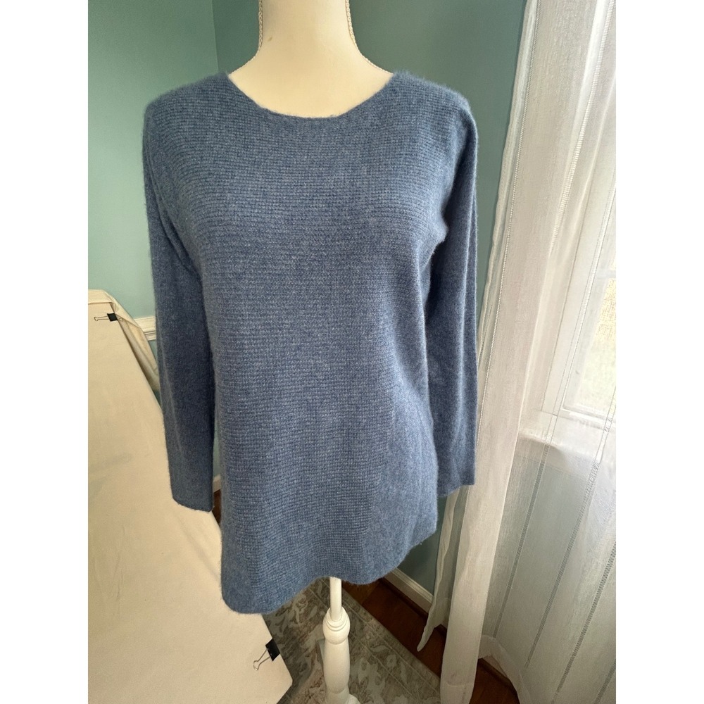 Max Studio 100% 2-Ply Cashmere Sweater Blue Ribbed High Low Hem Womens Small